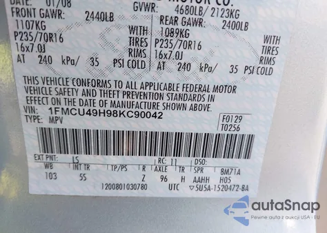 2008 Ford Escape Hybrid z USA, uszkodzony, nr VIN 1FMCU49H98KC90042